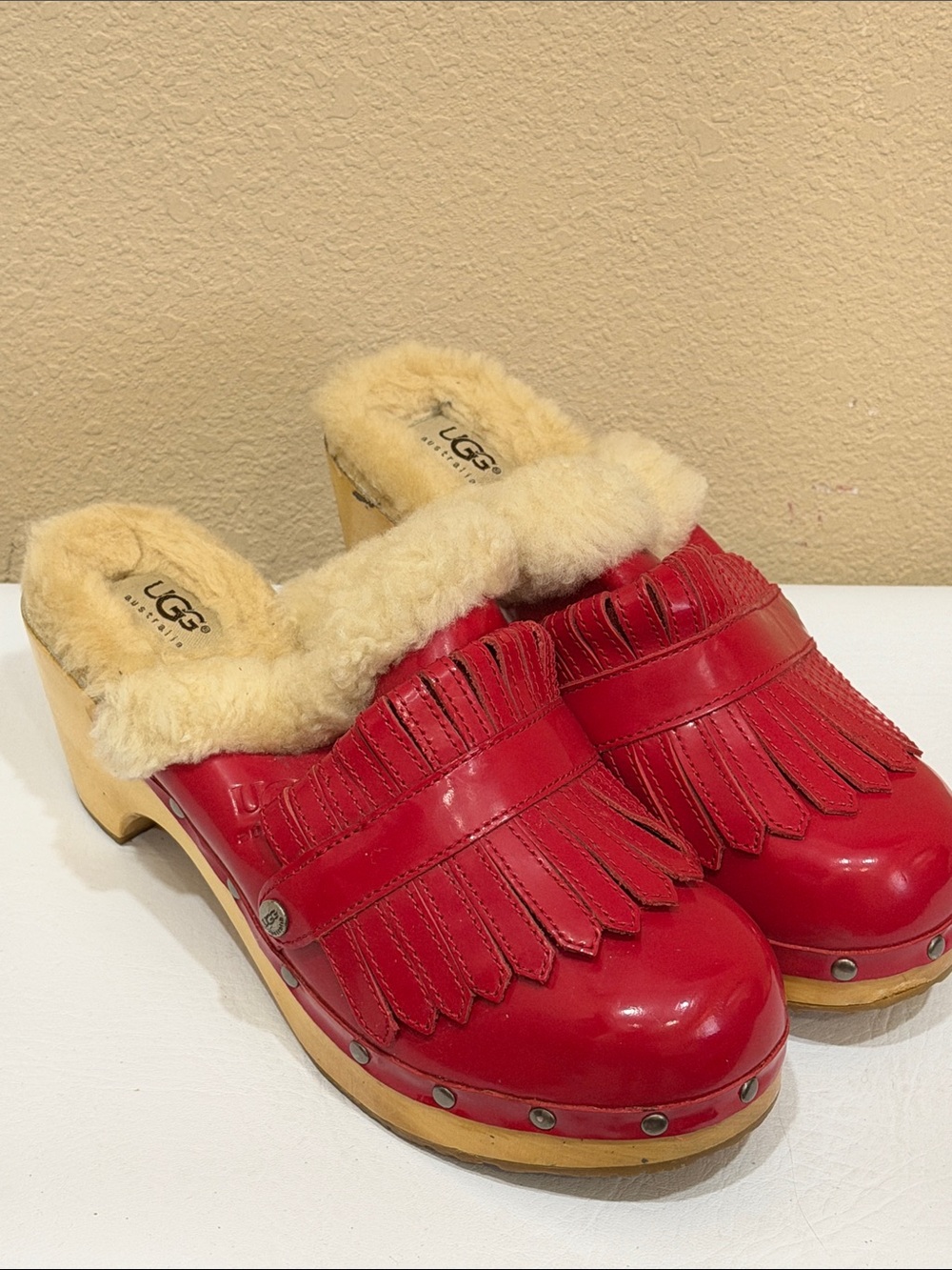 UGG Red Leather Shearling-Lined Clog Mules